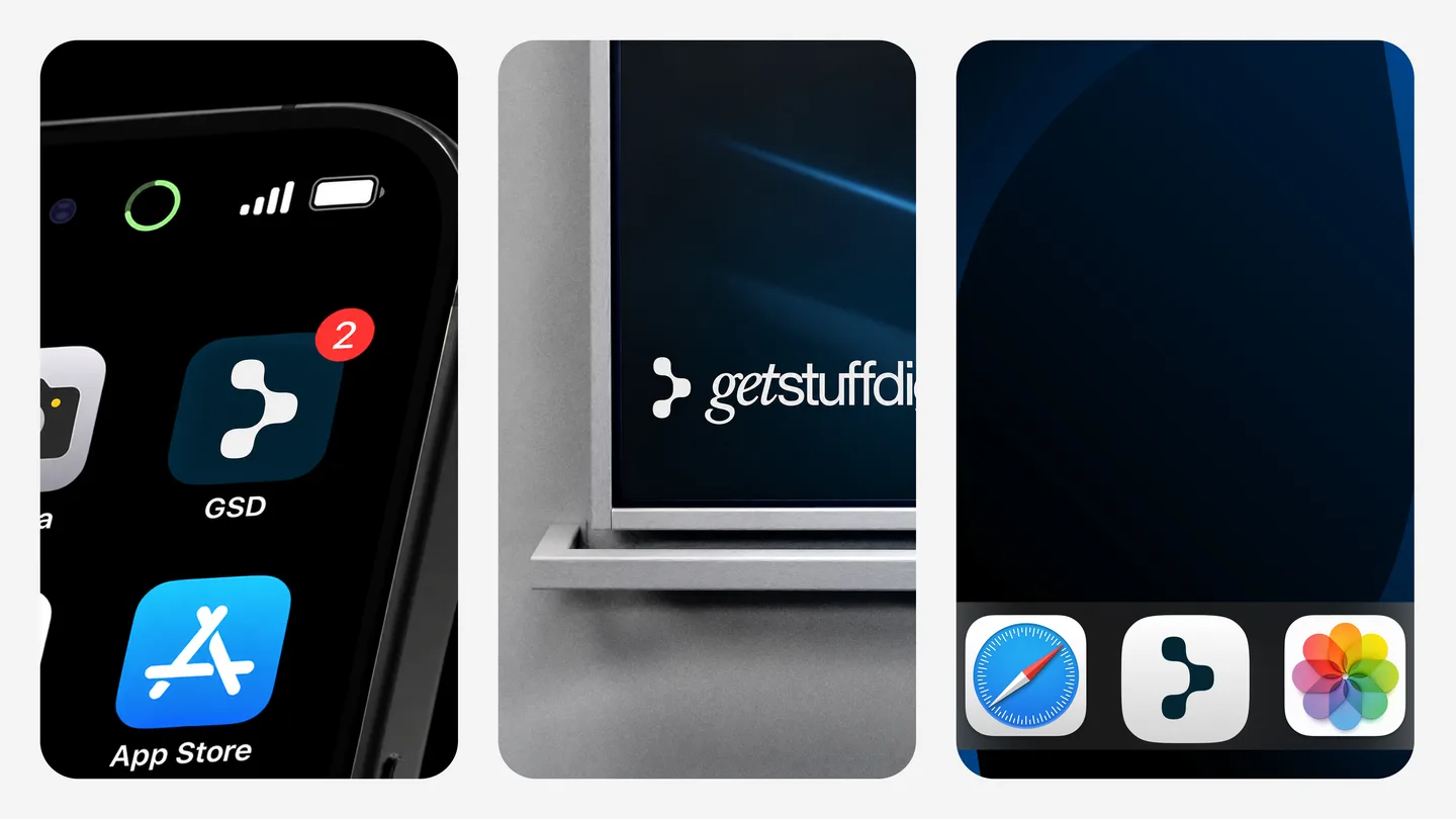 Mockup: the Get Stuff Digital mark as an app icon on a phone home screen and a laptop dock