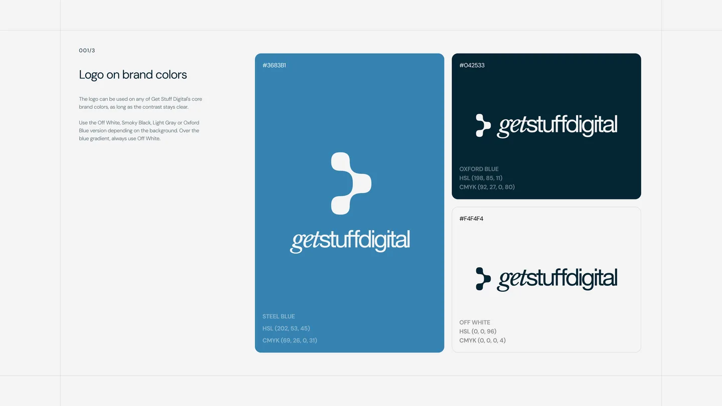 The logo on the three brand colours: steel blue, Oxford blue and off white