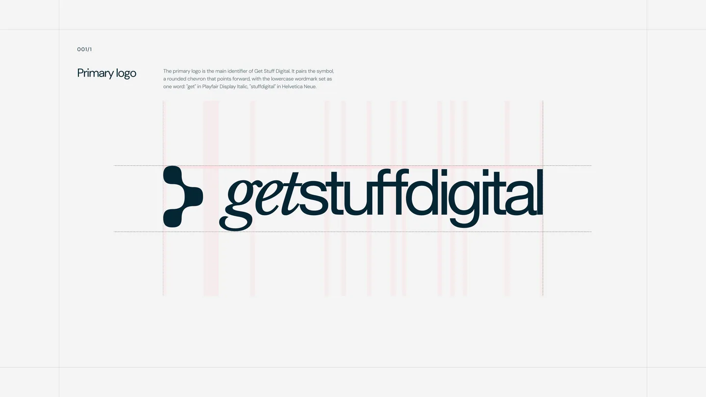 The primary logo, the mark beside the getstuffdigital wordmark, set on its alignment grid