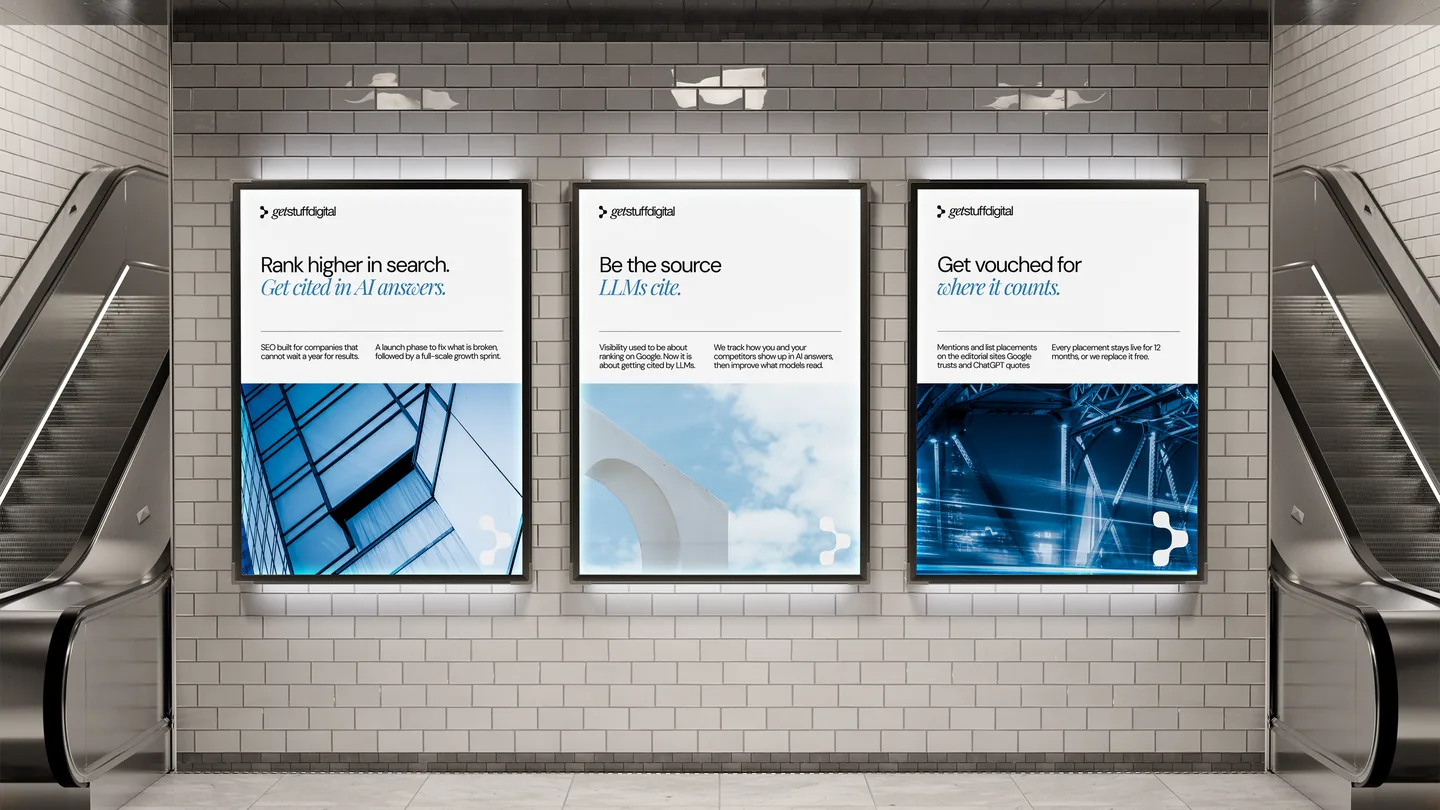 Mockup: three Get Stuff Digital posters on a subway wall, one each for SEO, AI search and authority