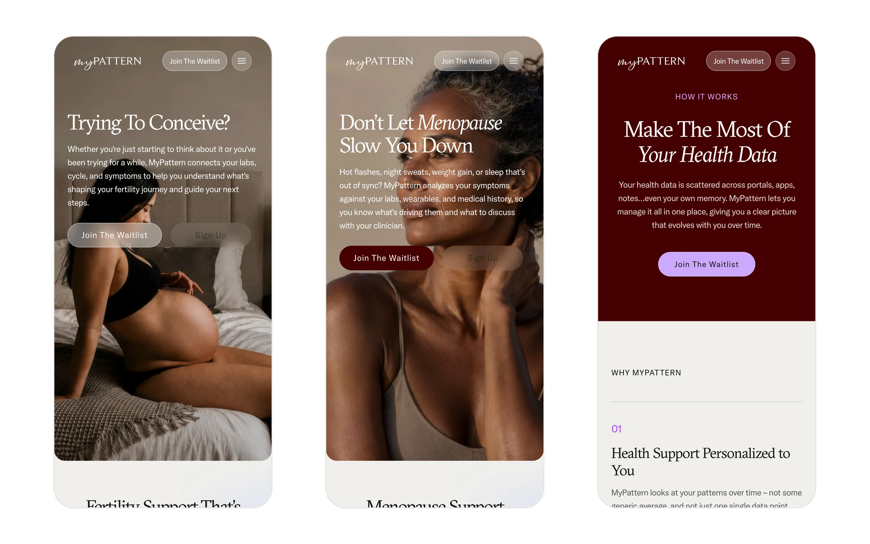 Three MyPattern pages on a phone: Fertility, Menopause, and How It Works