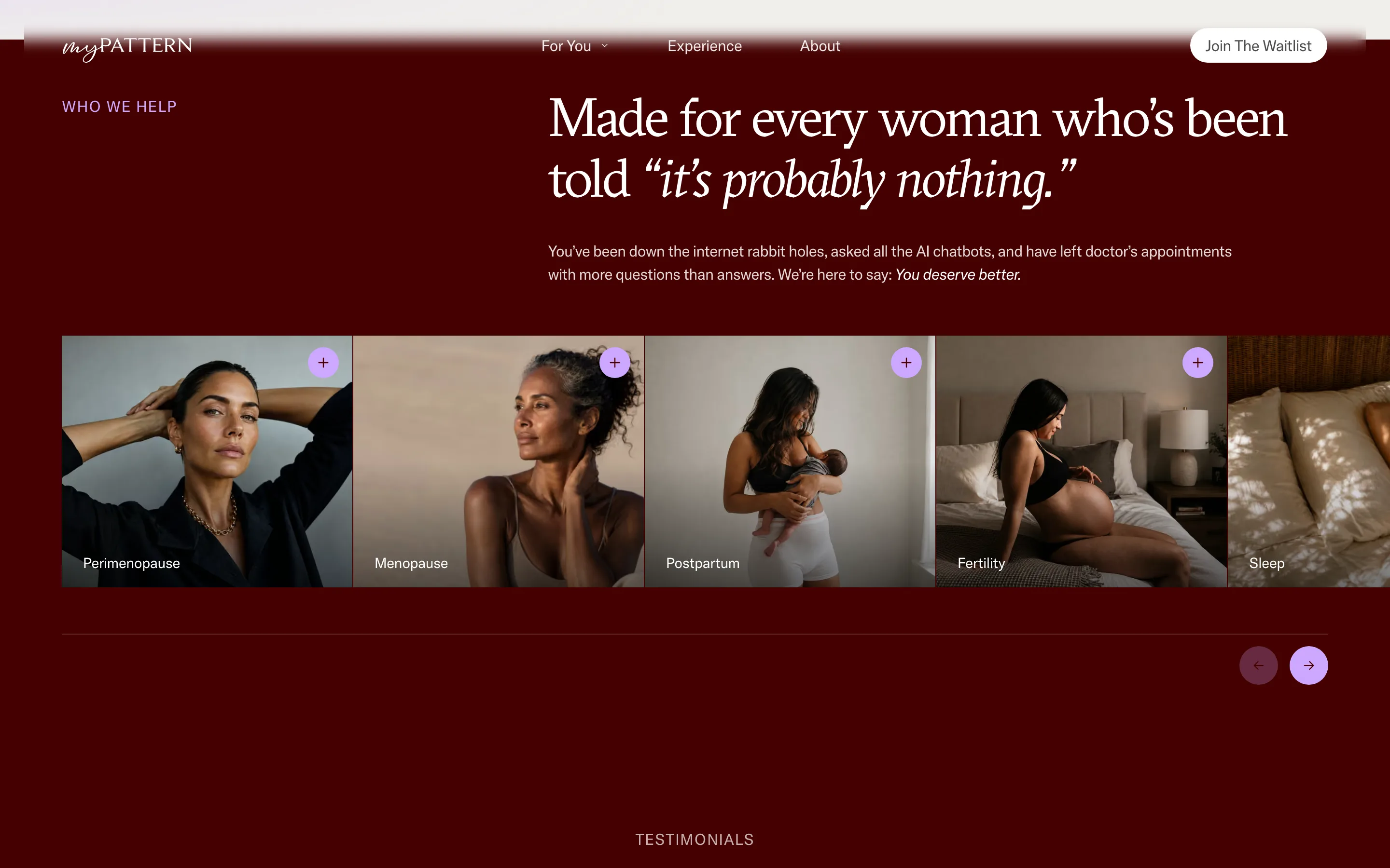 The Who We Help section: a headline reading Made for every woman who's been told it's probably nothing, over a row of portraits for each life stage