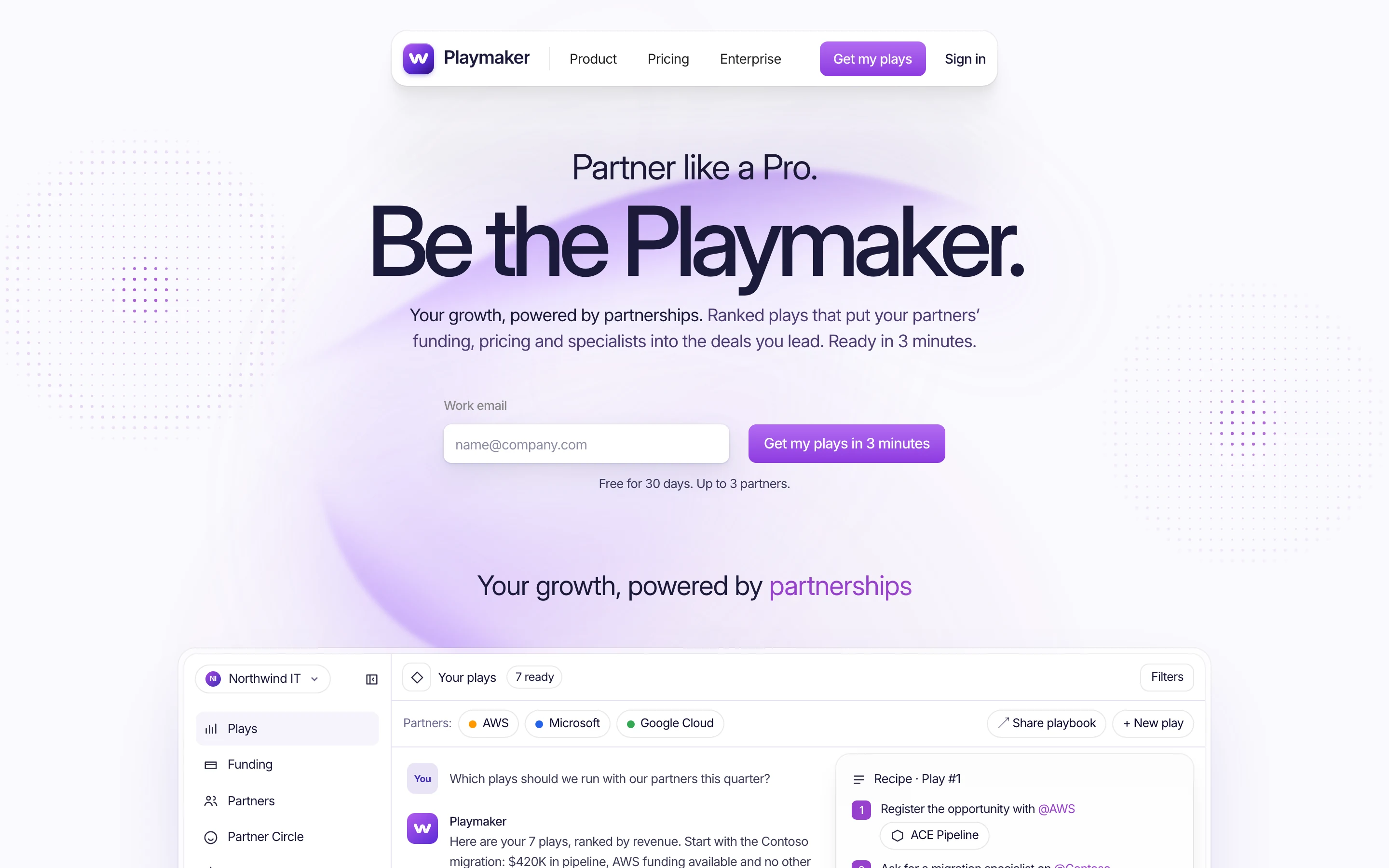 The Playmaker homepage: Be the Playmaker, a work email field, and the product answering which plays to run with AWS, Microsoft and Google Cloud